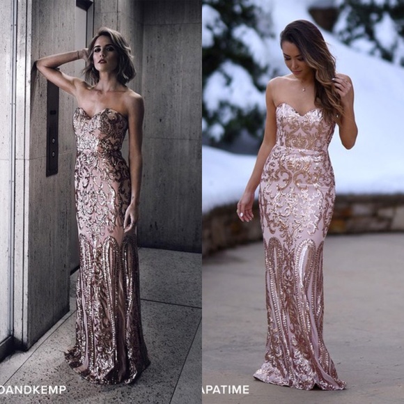strapless rose gold sequin dress